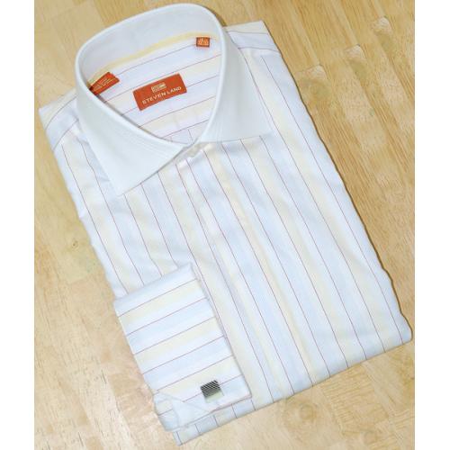 Steven Land  White / Canary Yellow /  Wine / Sky Blue Stripes 100% Cotton Dress Shirt